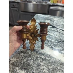 Vintage MCM Homco Gold Metal Acanthus Leaf and Wood Double Candle Wall Sconce